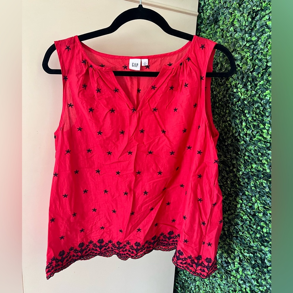 GAP Red Sleeveless Embroidered Camisole with Navy Star Detail